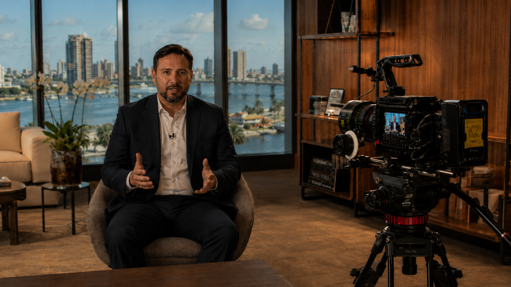 Produção de vídeo institucional com equipe e câmera em ambiente corporativo
