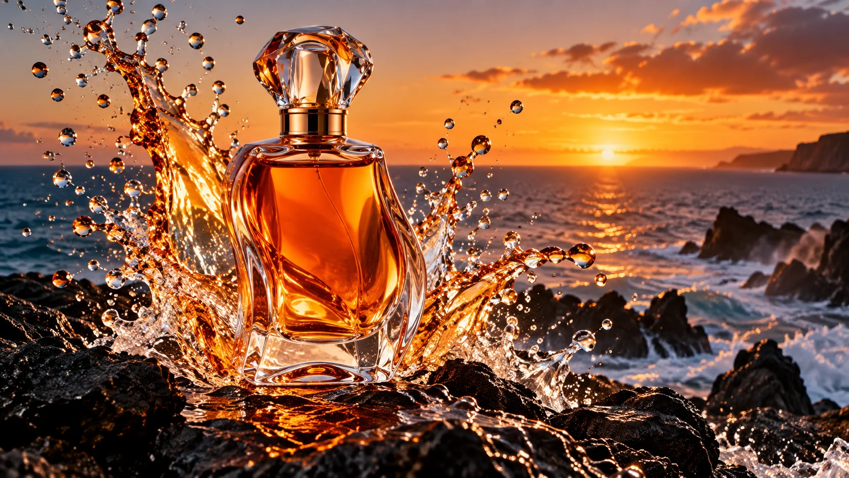 AI advertising concept: an unbranded perfume bottle among suspended droplets, dark rocks and the ocean at sunset.