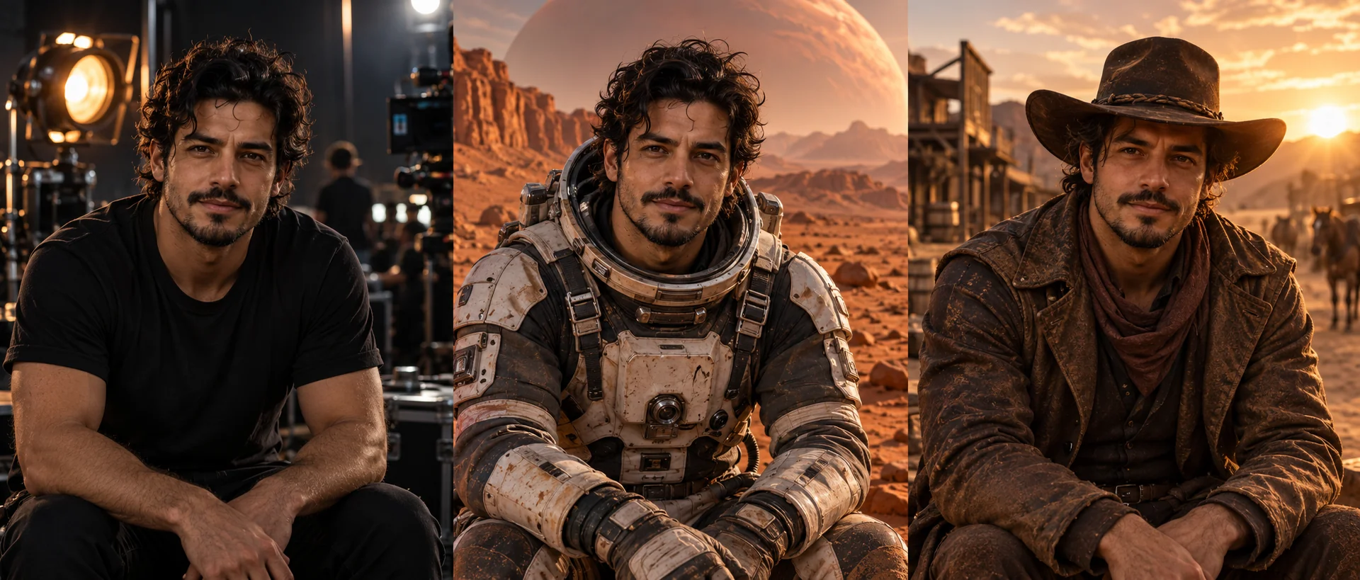 AI-generated concept: the same man on a film set, as an astronaut on Mars and as a Western character.