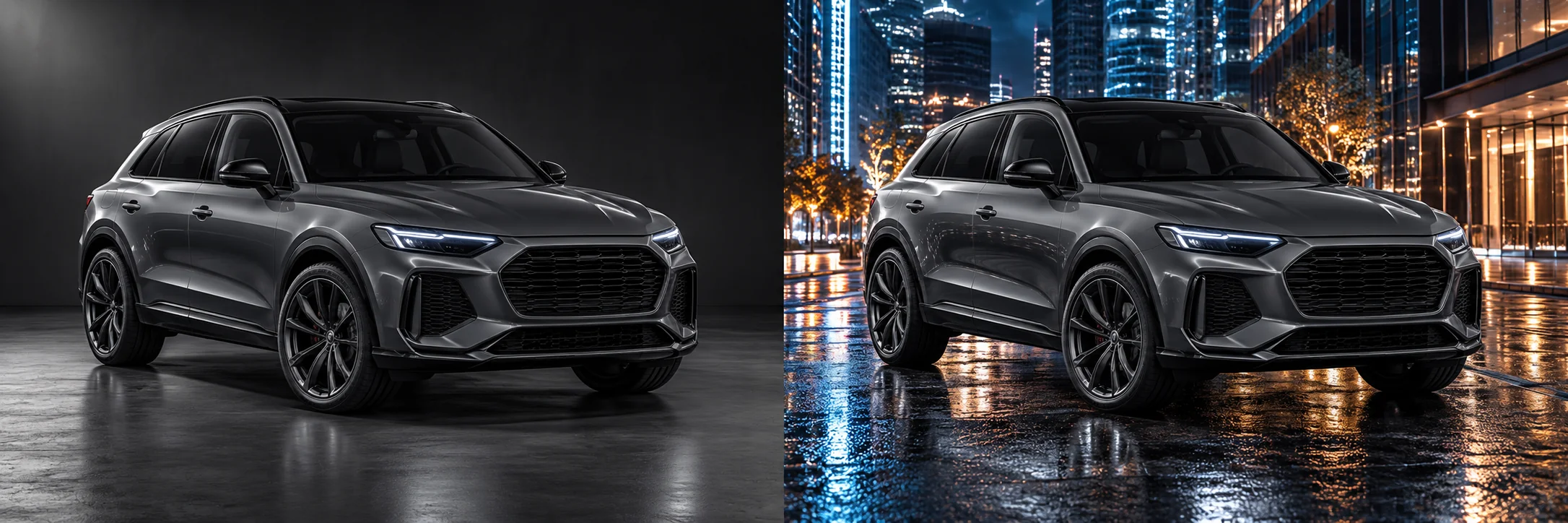 Concept comparison: the same graphite SUV in a studio and on a futuristic city avenue at night.