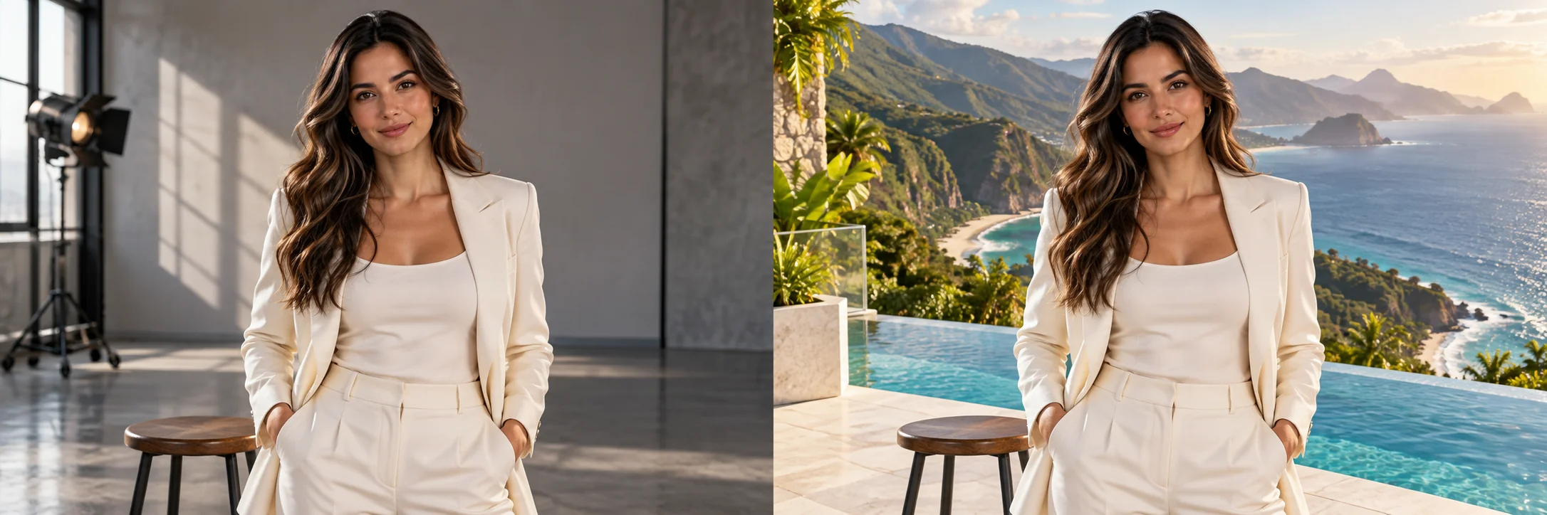 Concept comparison: a woman in a light-colored suit in a studio and on a terrace with a pool and coastal views.