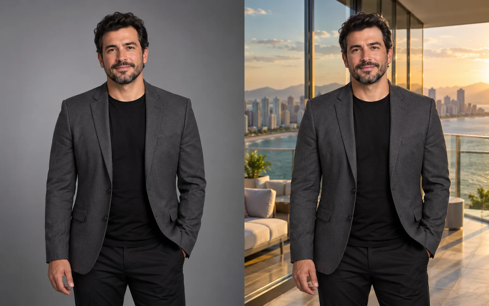 Comparação ilustrativa gerada por IA: um apresentador de blazer grafite em fundo neutro e em um terraço com vista para uma cidade litorânea.