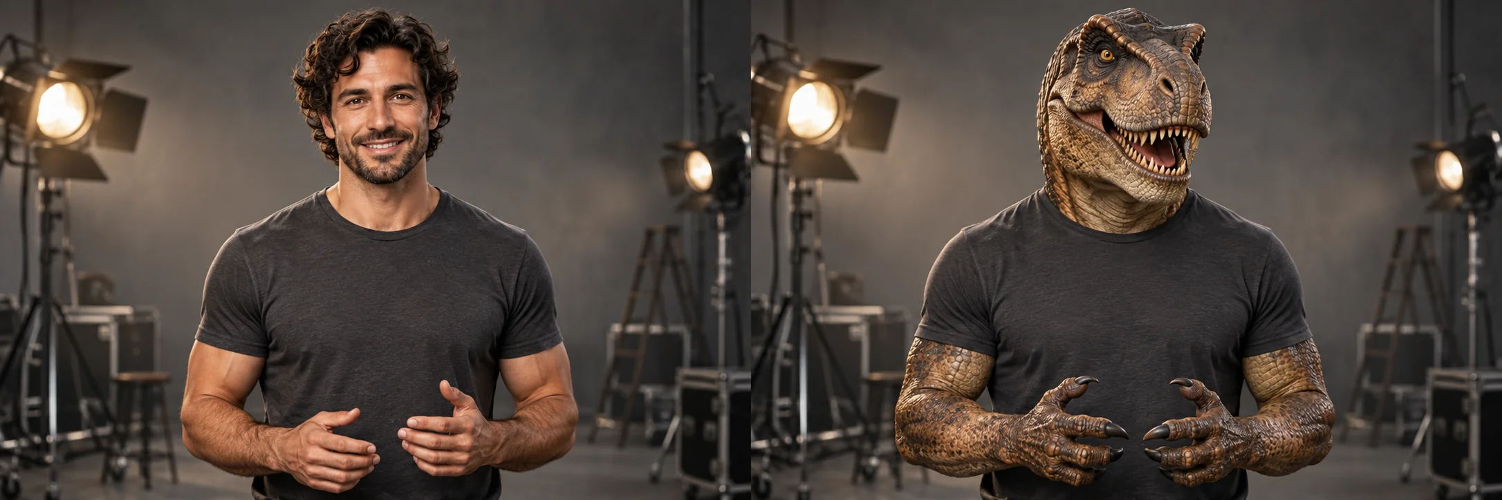 Concept comparison: a man in a graphite T-shirt and a humanoid dinosaur character in the same studio, in similar poses.