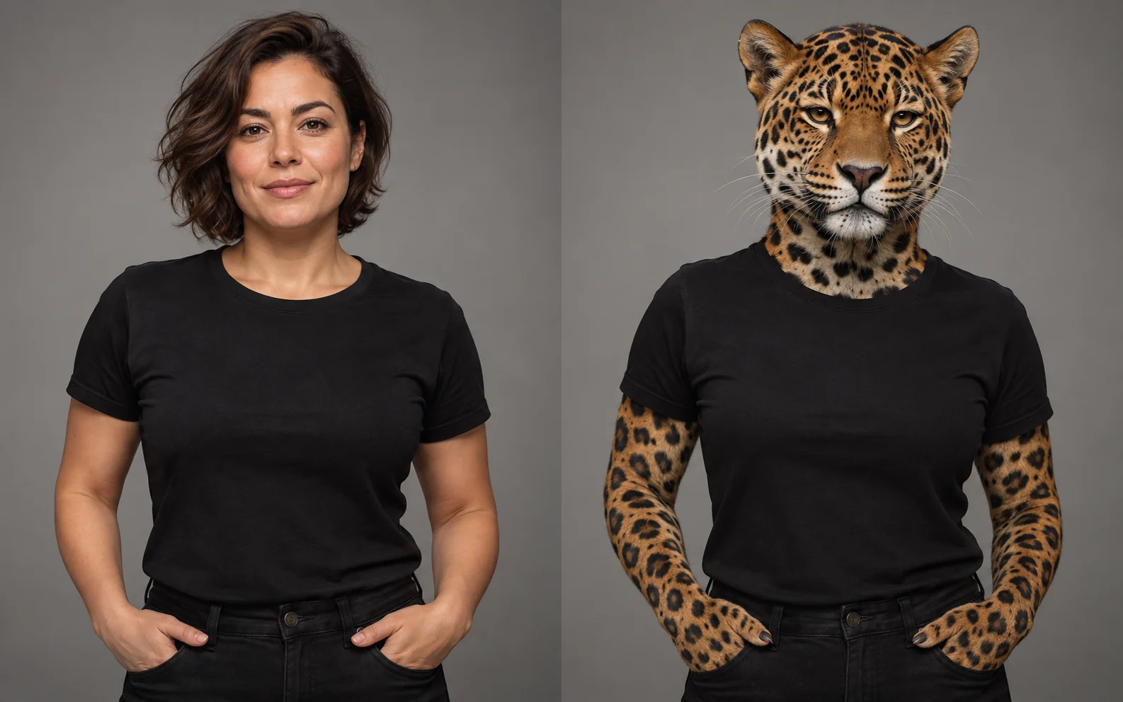 Comparação ilustrativa gerada por IA: uma mulher de camiseta preta e uma personagem felina com roupa e pose semelhantes no mesmo estúdio.