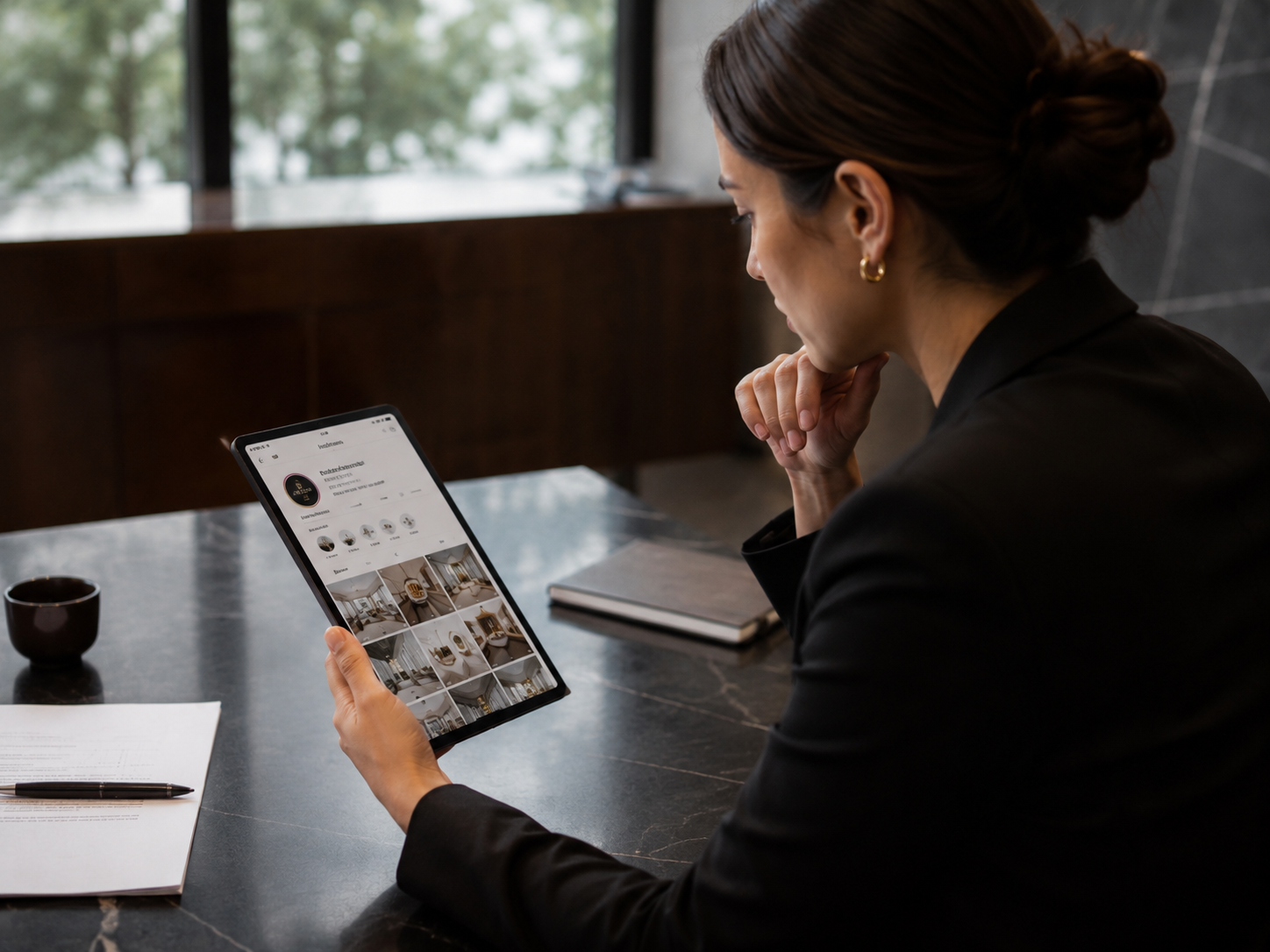 Pessoa analisando perfil de marca em tablet em ambiente corporativo